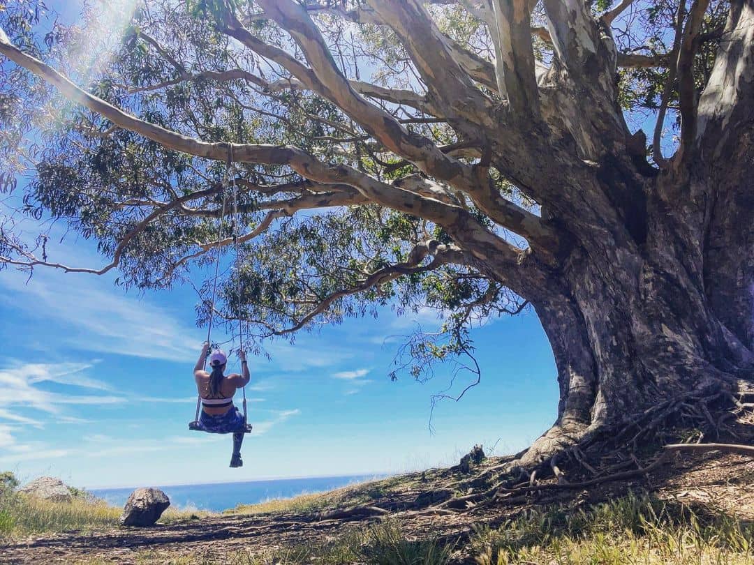 A woman swinging on Dipsea Trailhead Swing on sunny day.