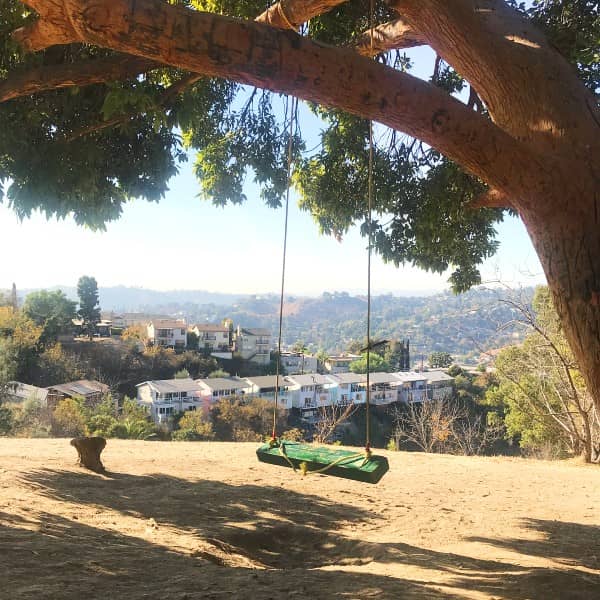 A green swing hangs from a large tree branch in Ernest E. Debs Regional Park, overlooking a hillside neighborhood. Below, houses are nestled among trees on rolling hills in the distance. The dry, sandy ground beneath the shady tree adds to the serene setting.