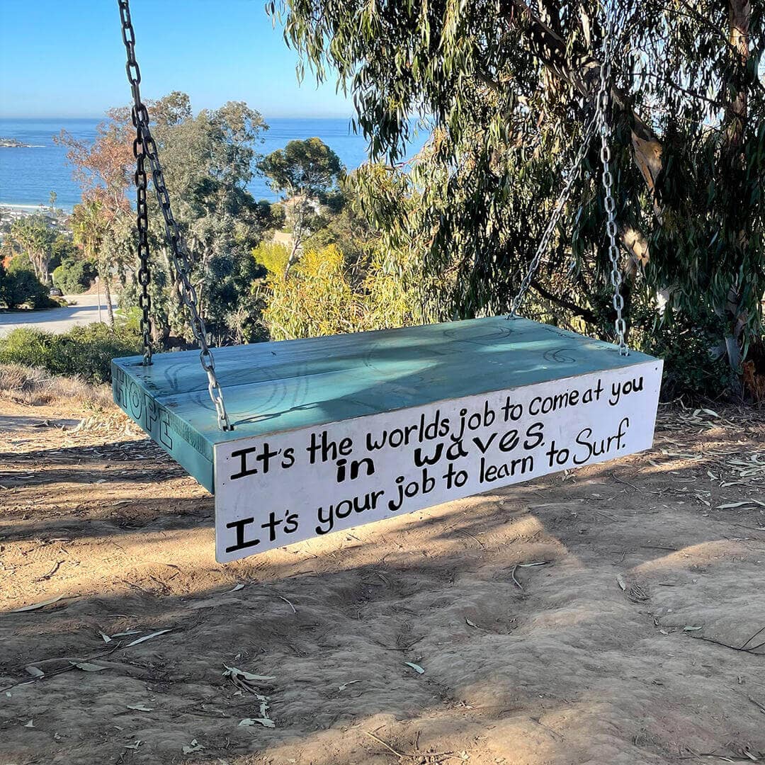 Picture of La Jolla Swing emphasizing the quote that are being sometimes changed. The quote in this image is "Its the worlds job to come at you in waves. Its your job to learn to Surf."