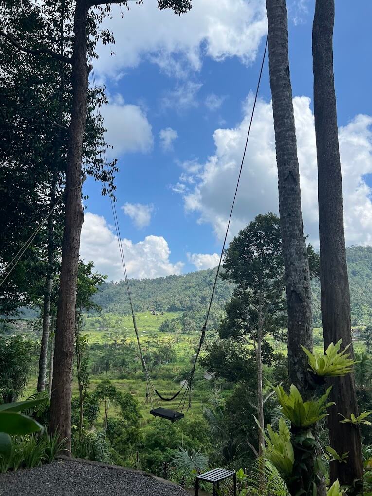 A person sits on a swing suspended high above a verdant valley, facing majestic forested mountains and a vibrant tropical landscape bathed in sunlight.