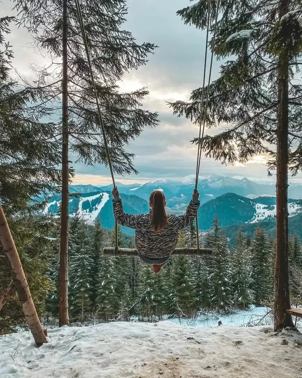 A person swings on Zazriva Swing above a snowy forest landscape with snow-capped mountains in the distance.